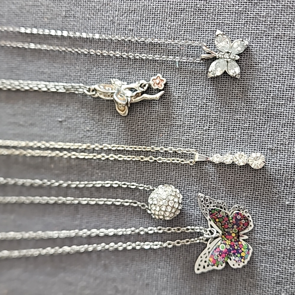 Lot of 5 dainty necklaces butterflies fairy crystals chains EUC
